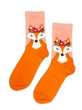 Floral Fox Novelty Crew Socks Orange Pink One Size Fits Most